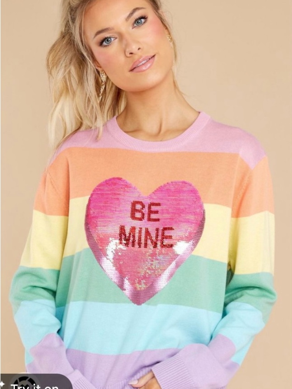 Queen of Sparkles Pastel Rainbow Striped Sweater with Pink Sequin Heart Be Mine